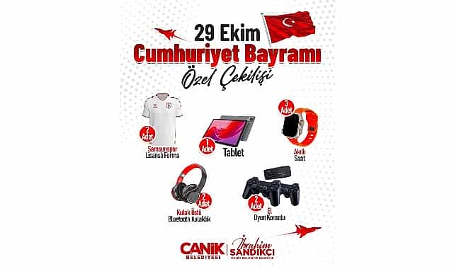 Canik Belediyesi'nin düzenlediği 29 Ekim Cumhuriyet Bayramı özel çekilişiyle vatandaşlar hediyelerle buluşuyor. 1 canik belediyesinin duzenledigi 29 ekim cumhuriyet bayrami ozel cekilisiyle vatandaslar hediyelerle bulusuyor